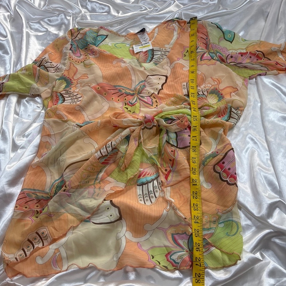 y2k Beware Butterfly Blouse Orange Excellent Sheer Tie Front Bell Sleeve Top 2XL - Picture 6 of 6